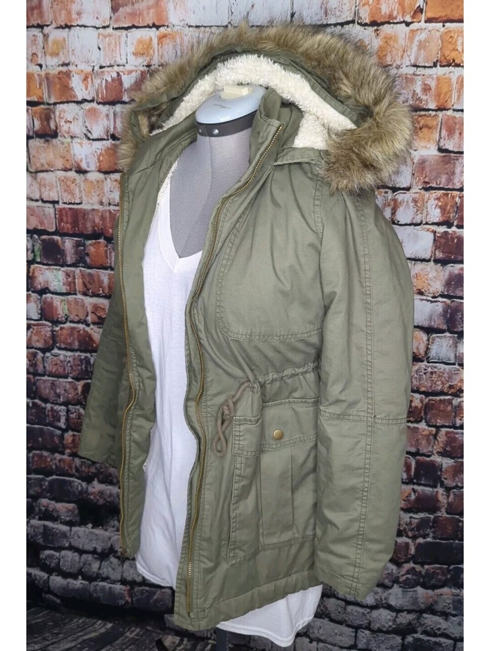 Gap Military Utility Army Field Jacket Sherpa Parka Fur Hood OD Green Wmn Small